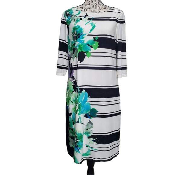 Studio One New York Cream & Black Striped Green Floral Print Midi Dress Medium - Picture 1 of 9